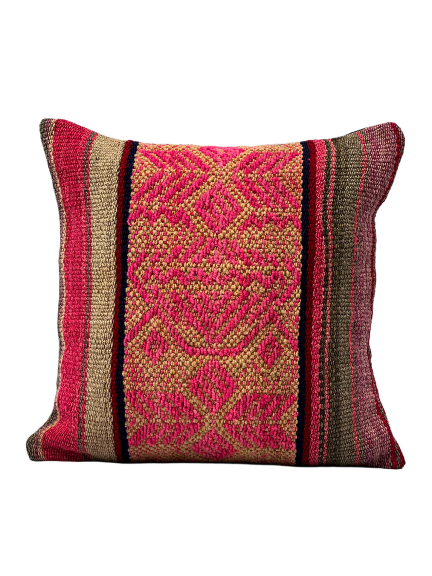 Handmade Andean pink with terra colors square Peruvian cushion cover with colorful Andean patterns Perfect for Home Decoration Indoors and Outdoors.
General full picture.