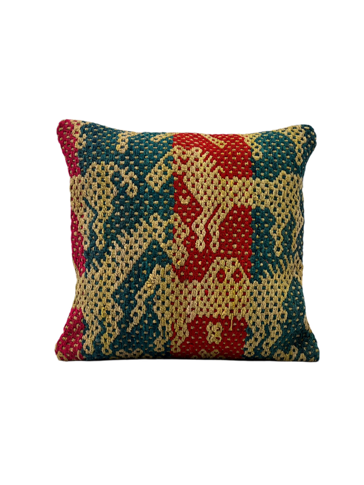 Handmade Andean green with red colors and yellow horses square Peruvian cushion cover with colorful Andean patterns Perfect for Home Decoration Indoors and Outdoors.
General full picture.