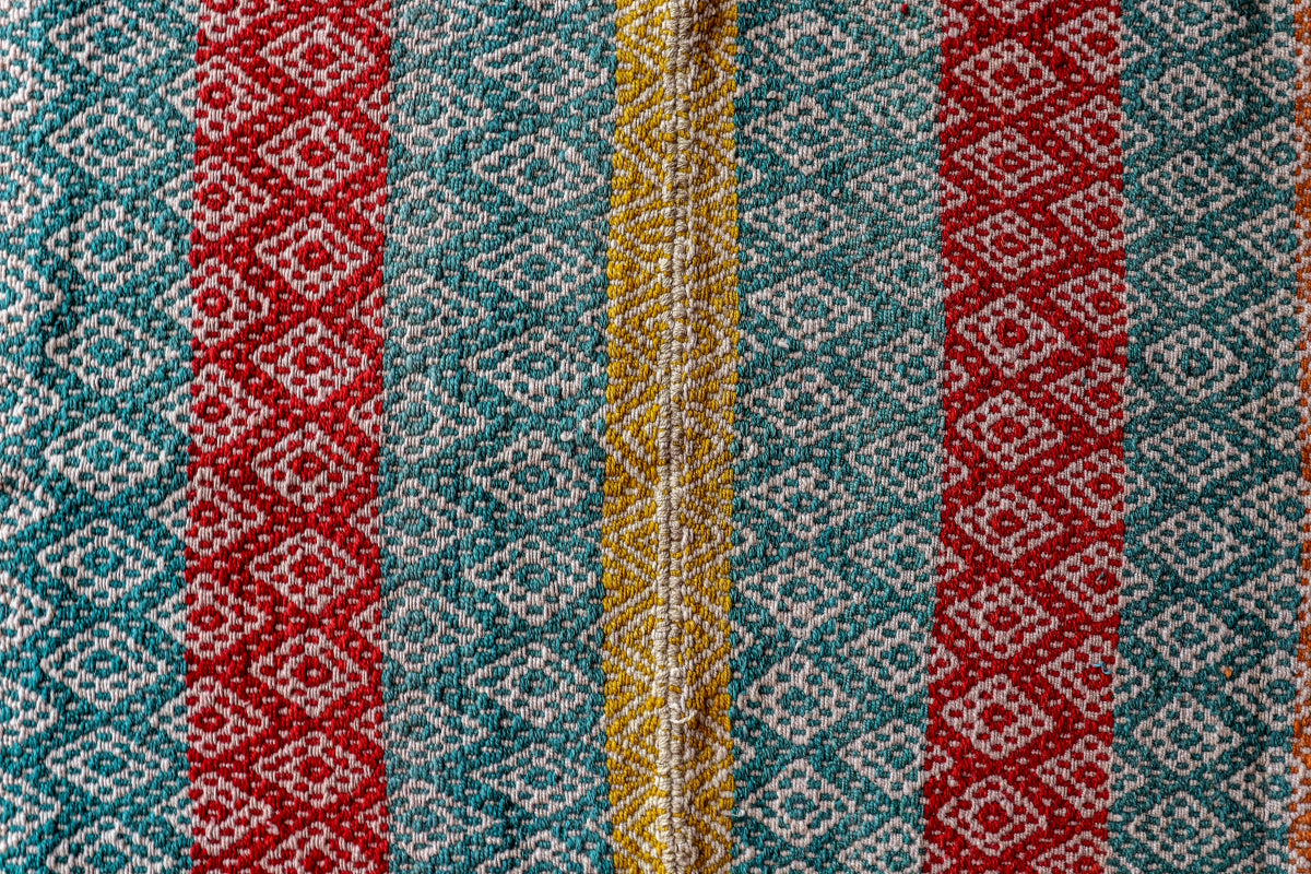 Peruvian handwoven wool rug, medium close-up of red, turquoise and yellow with Andean diamond motifs showing detailed weaving.